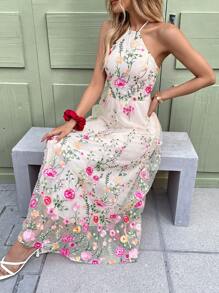 Breezaya Elegant Apricot Backless Tie Waist A-Line Floral Embroidered Dress - Apricot - View 8