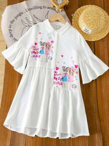 Young Girl Vacation Casual Fashion Woven Short Sleeve Shirt Dress - White - View 2