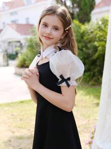 WESTFADE Young Tween Girls' Black Cinched Waist Hollow Mesh Puff Sleeve Bowknot Elegant Sweet Style Dressesholiday,Summer,Travel,Getaway