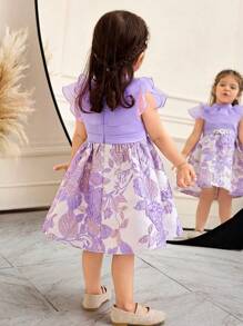 SHEIN Leap Crew Baby Girl Sweet Shoulder Attach Waisted Mid-Length Dress - Pink - View 3