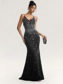 SHEIN Belle Vestido largo elegante de mujer con tirantes de espagueti adornados con strass y perlas falsas, vestido de invitada de boda, vestido de fiesta, vestido de noche, vestido de gala, color negro - Negro - Ver 8