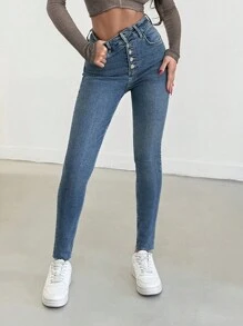 EURMUSE COMFORT HIGH WAIST BUTTON SKINNY JEAN - Medium Wash - View 5