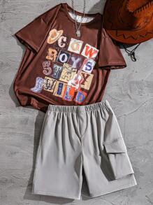 SHEIN Tween Boys 2pcs Sets - Khaki Funny English Letter Print T-Shirt Paired With Cargo Pants, Fashionable Streetwear Outfit, Suitable For Outdoor Activities And Daily Wear