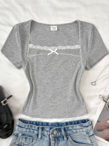 SHEIN Teen Girls Soft Gray Sweet Vintage Style Cute Lace Ruffle Bow Short Sleeve Ribbed Stretchy T-Shirt, For Lounging & Casual Wear, Spring/Summer