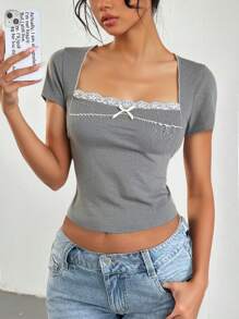 SHEIN Teen Girls Soft Gray Sweet Vintage Style Cute Lace Ruffle Bow Short Sleeve Ribbed Stretchy T-Shirt, For Lounging & Casual Wear, Spring/Summer