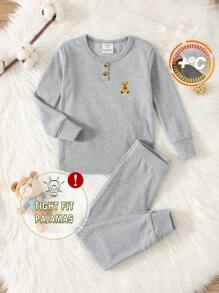 SHEIN Leap Crew 2 件套 男童紧身熊装饰补丁长袖上衣和裤子保暖弹力睡衣套装