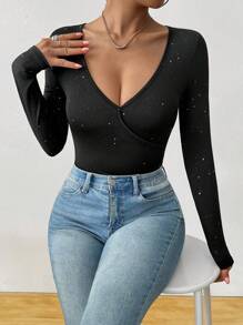 Chiquease Bodyduit ajustado y sexy de unicolor con lentejuelas, cuello escote corazón profundo y manga larga para mujeres - Negro - Ver 5