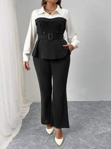 Elenzga Elegantes Business-Farbblockhemd- und Hosenanzug-Set - Schwarz und Weiss - Übersicht 5