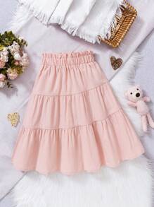 SHEIN Vintaside Kids Young Girls' Vacation Country Style Comfortable Linen Skirt,Holiday,Summer,Travel, School, Campus, College - Pink - View 2