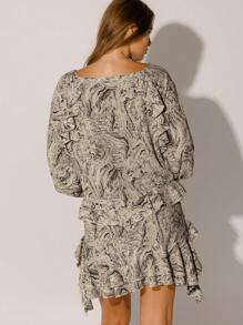 Aralina 休闲秋冬花卉 Y2K 褶边分层飘逸廓形波西米亚风格长袖迷你连衣裙早午餐教堂装 - 深灰色 - 查看 2