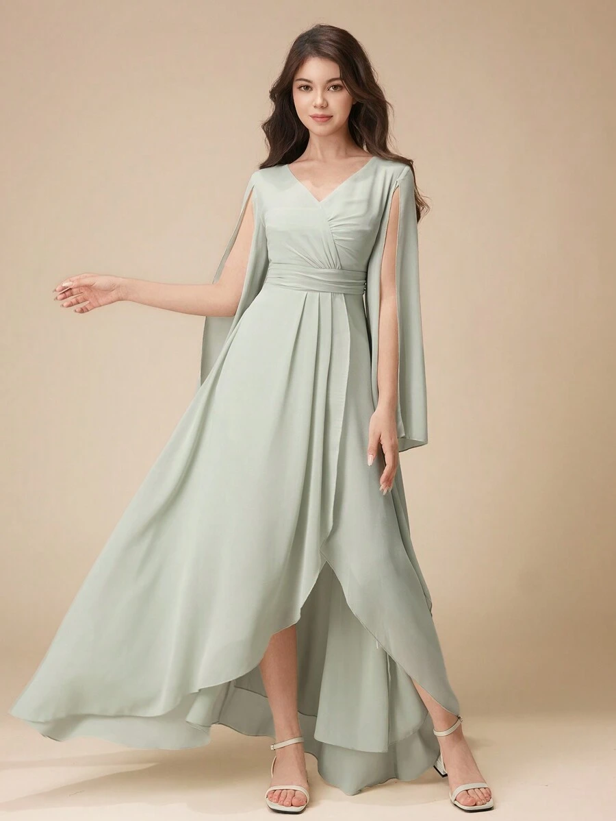 Vestido Curto e Longo Assimétrico Verde Menta Elegante para Meninas Adolescentes, Decote em V, Manga Morcego com Babados, Fenda, Faixa na Cintura, Vestido de Festa de Fada Apropriado para Aniversário de Adolescentes, Baile de Máscaras, Festa, Celebração de Feriados, Vestidos de Natal, Halloween, Ação de Graças, Vestido de Baile, Vestido Formal, Vestido de Concurso de Meninas, Vestido de Formatura, Vestido de Dama de Honra, Vestido de Gala, Vestido de Praia