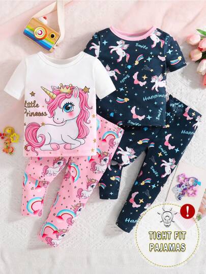 4pcs/Set Baby Girl Unicorn Print Snug Fit Short Sleeve Shirt & Pants Sleepwear Set