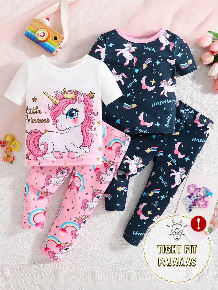 4 件套女婴独角兽印花贴身短袖衬衫和裤子睡衣套装 - 彩色 - 查看 1