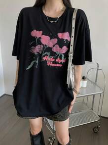 DAZY Women Floral Contrast Color Print Round Neck Short Sleeve T-Shirt Summer Cute Tops Oversized T-Shirt,Graphic Tees - Black - View 2