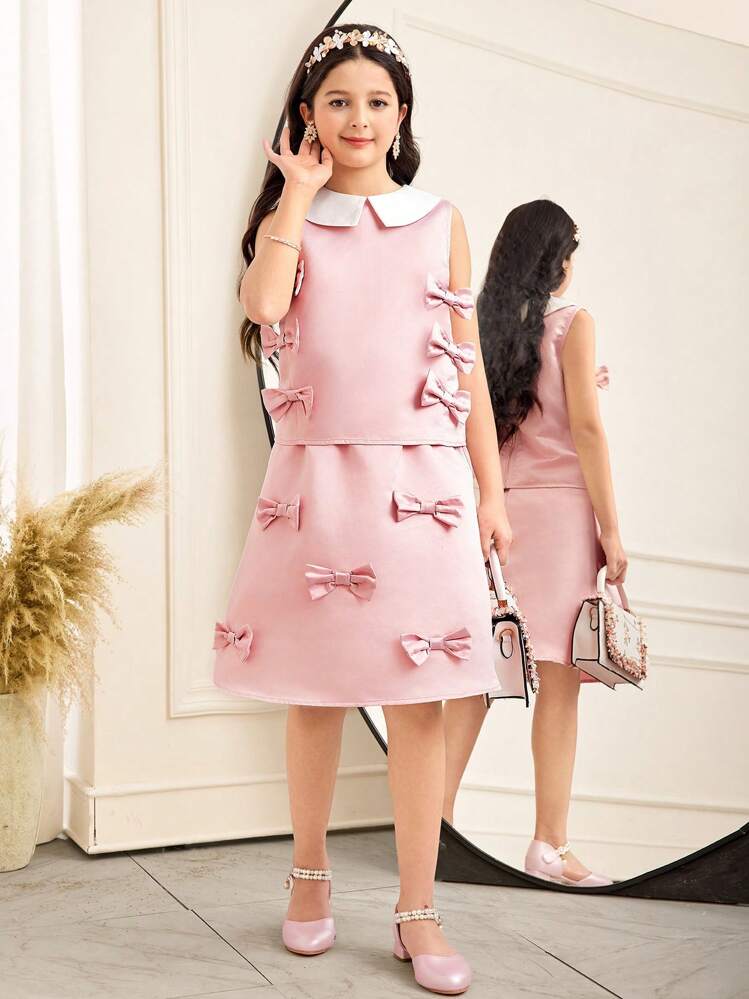 SHEIN Leap Crew Tween Girls Elegant Fitted Point Collar Colorblock Sleeveless Bow Decor Shirt & Shorts 2 Pieces Set - Pink - View 4