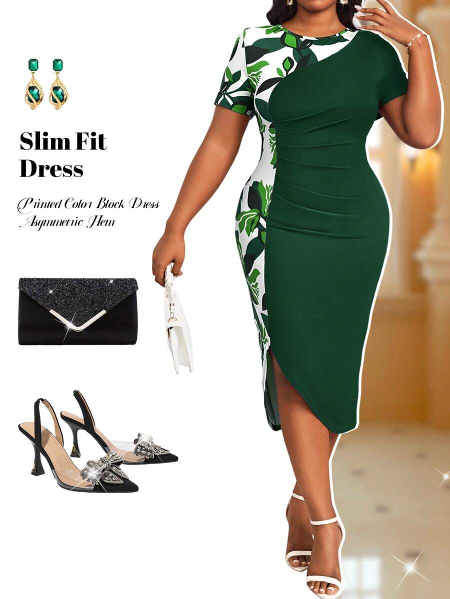 Fleurora Plus Size Floral Print Color Block Ruffle Asymmetrical Hem Round Neck Short Sleeve Bodycon Mini Dress