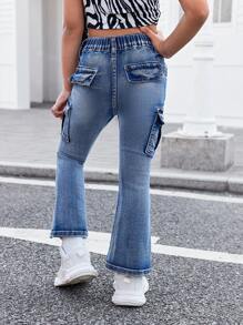 SHEIN 年轻女孩蓝色牛仔弹力紧身喇叭裤 - 淺色水洗藍 - 查看 2