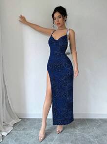 Flirla Women's Leopard Print Spaghetti Strap Summer Slit Dress Maxi Women Outfit,Vacation Outfits Woman