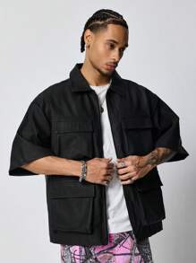 ROMWE MEN Street Life Men's Cargo Pocket Solid Color Short Sleeve Utility Vented Zip-Up Collar Shirt