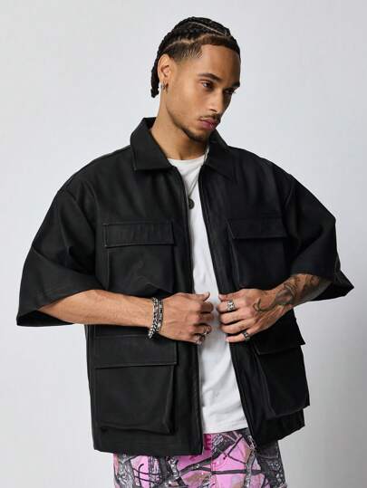 Street Life Chemise d'homme à manches courtes, col à fermeture éclair ventilée, de couleur unie