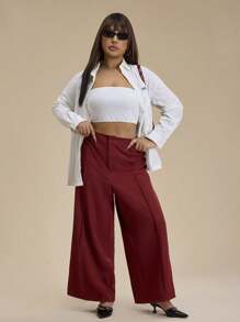 Forever 21 Plus Size Plain Pocket Straight-Leg Casual Pants, Everyday Wear - Burgundy - View 4