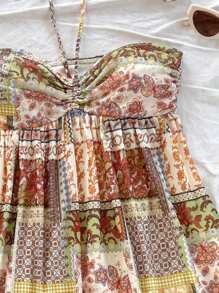 Soleia 大码女式度假彩色复古印花抽绳前后系带分层迷你连衣裙，音乐节服装 - 彩色 - 查看 6