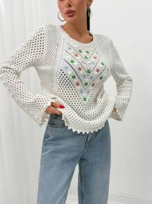 EURMUSE WOMEN Flower Embroidered Seasonless Flowers Patterned Bobble Knit Sweater - White - View 2