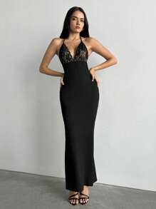 Aloruh Women's Elegant Sexy Lace Patchwork Backless Bodycon Dress Valentine Day - Black - View 3