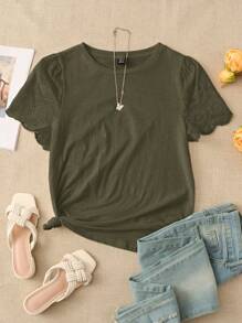 EMERY ROSE Camiseta con bordado con ojal de manga farol - Verde militar - Ver 2