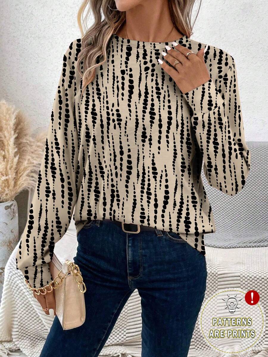 EMERY ROSE Áo thun tay dài cổ tròn họa tiết trừu tượng thường ngày dành cho nữ, phù hợp mặc công sở, mùa thu/đông - Nhiều màu - Xem 1