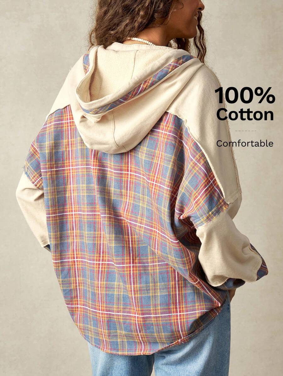 Bohemela Áo nỉ dáng rộng tay dài màu trơn thả vai đơn giản thiết kế kẻ caro có mũ trùm đầu cho nữ - Màu be - Xem 1