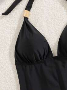 Swim Basics Summer Women's Black Elegant Vintage Soft Cup Backless Halter Tankini Set With Gold Ring Decor - Black - View 5