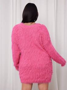 SHEIN EZwear Plus Size Women's Fuzzy Knit Pullover Sweater Dress, Daily Casual And Lightweight Party Wear, Autumn/Winter - Pink - View 2