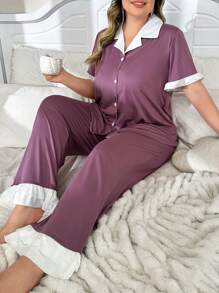 大码女式休闲纯色荷叶边短袖长裤睡衣套装