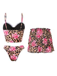 Swim SXY Damska letnia koszulka z nadrukiem w panterkę i kwiaty z losowym nadrukiem i marszczonymi ramiączkami z drutu, seksowny zestaw 3 sztuk, kamizelka, bikini z ramiączkami spaghetti - Wielokolorowe - Zobacz 4
