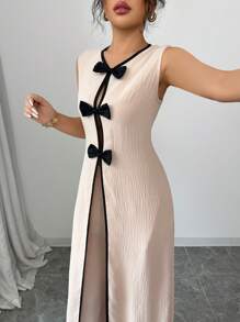 SHEIN Elenzya 2件套女士蝴蝶结装饰无袖加长上衣和女士长裤 - 卡其色 - 查看 6