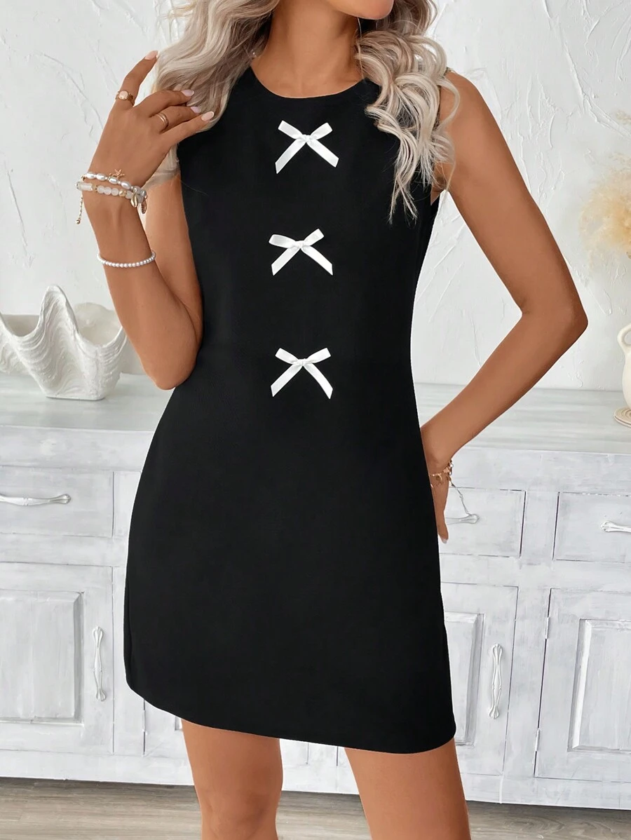 SHEIN LUNE 女士无袖纹理简约休闲宽松复古蝴蝶结领连衣裙，适合春夏秋冬老款风格女性 - 黑色 - 查看 1