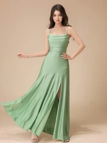 Fashions Teen Girl Green Simple And Generous Off The Shoulder Backless Shrinkage High-Split To The Leg Crossover Asymmetrical Fashionable Personalized Ruffles Halter Homecoming Dresses - Green - View 3