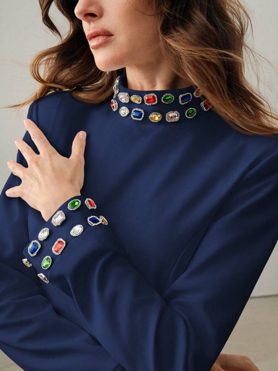 Anewsta Black High-End Brand Handmade Rhinestone Embellished Short Long Sleeve Dress, Autumn/Winter - Navy Blue - View 1