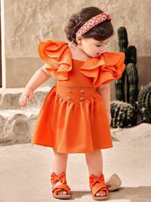 Travachic KIDS Baby Mädchen Set mit rüschenbesetztem Saum bestehend aus orangefarbenem Kurzarm-Top und Rock, 2-teilig, Sommer - Orange - Übersicht 5