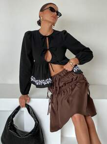 SHEIN Essnce Falda minimalista de moda casual de color liso para mujer - Café integral - Ver 6