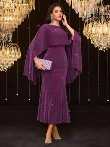 Modelyn Spring  Valentines Clothes Women's Elegant Party Glitter Cape Mermaid Dress - Rusty Rose - View 6