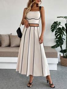 Calvaya Women's Elegant Color Block Camisole Top And A-Line Skirt