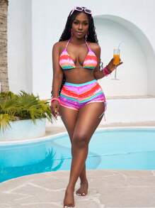 Slaydiva Summer Gradient Printed Frill Two-Piece Swimwear Bikini Beach Shorts Set - Multicolor - View 5