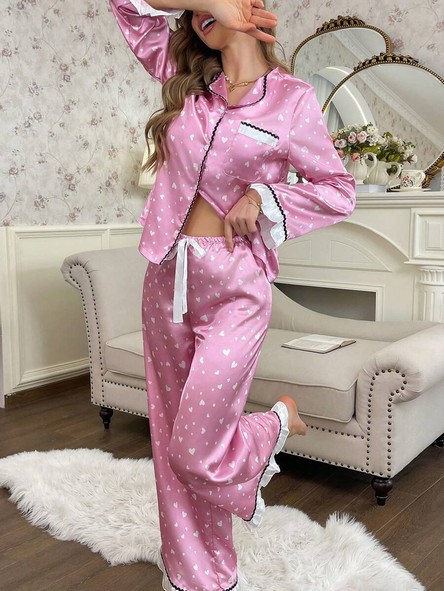 浪漫优雅心形图案撞色蕾丝花边女式睡衣套装 - 粉色 - 查看 1