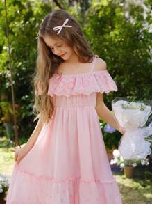 SHEIN Tween 女童荷叶边镂空刺绣长裙，优雅花卉度假派对风格连衣裙