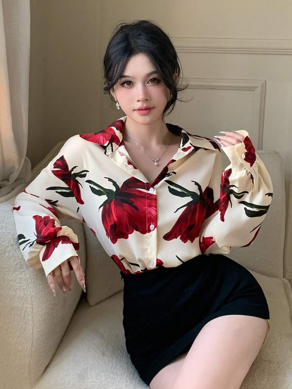 Women Floral Loose Long Sleeve Shirt, Minimalist Fashion Casual For Everyday Wear Fall