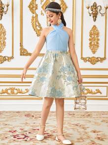 SHEIN Leap Crew Tween Girls 优雅花卉提花吊带上衣和裙子 2 件套 - 藍色 - 查看 6