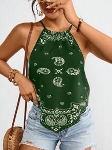 SHEIN VCAY 女士度假印花梭织背心，简约时尚休闲日常穿着，女士夏季装、沙滩装、复活节装、女士海滩装、春假装、度假装、音乐会装、狂欢节装、狂欢装、波西米亚风 - 綠色 - 查看 3