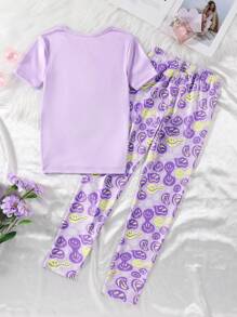 2pcs Tween Girls Casual Smile Face Pattern Short Sleeve Top And Pants Pajama Set, Comfortable - Purple - View 2